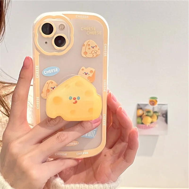 

Cute Cheese Stand Holder Phone Case for IPhone 13 12 11 Pro Max X XR XS Max Soft Silicone Bracket Cover Anti-drop Cases Korra