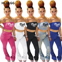 hljgg summer sleeveless strapless crop top two piece set pink letter print tracksuit casual sport long jogger 2pcs outfits 2022