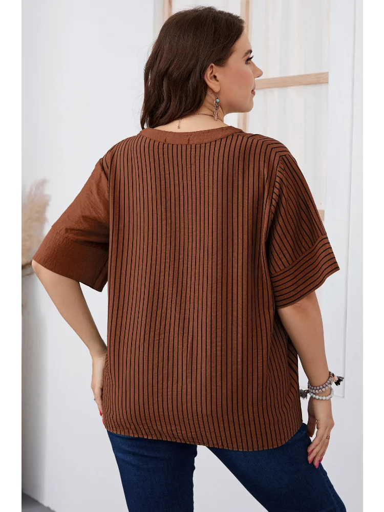 Plus-size women's striped short-sleeved T-shirt fat mm women's explosive top peplum top  plus size women clothing