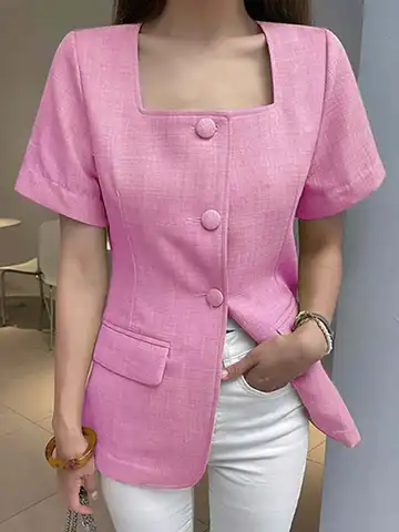 Women Elegant Blouse 2023 VONDA Vintage Short Sleeve Shirts Female Blouse Csual Buttons Up Square Collar Tops Oversized Blusas