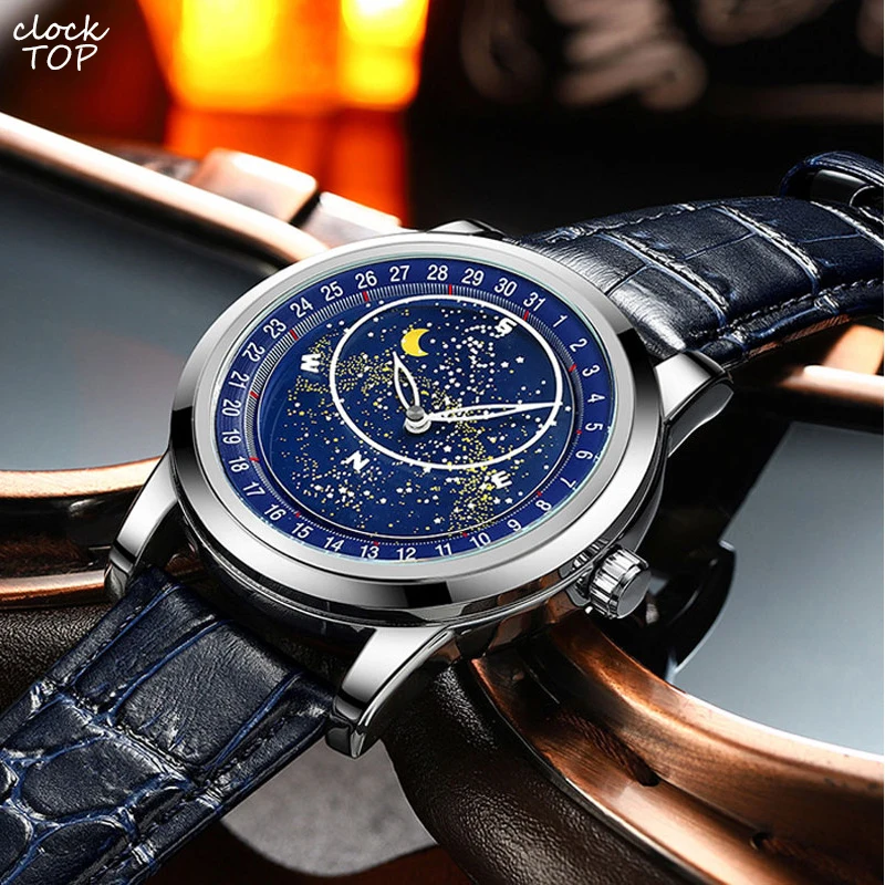 

Gypsophila Dial Rotation Men Watch Corium Strap Man Quartz Wristwatch Luminous Waterproof Male Blue Star Dial Relogio Masculino