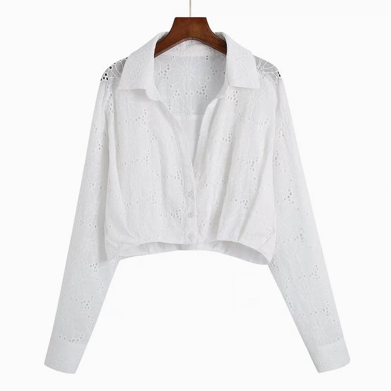 

Свободная короткая блузка с вышивкой, белая хлопковая рубашка, женская летняя одежда, новинка 2022, Женская Повседневная Блузка оверсайз
