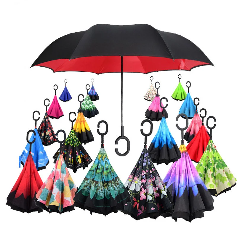 

2021 Folding Long Shank Double Layer Inverted Umbrella Windproof Reverse C-Hook male golf umbrella reverse Umbrellas For Car