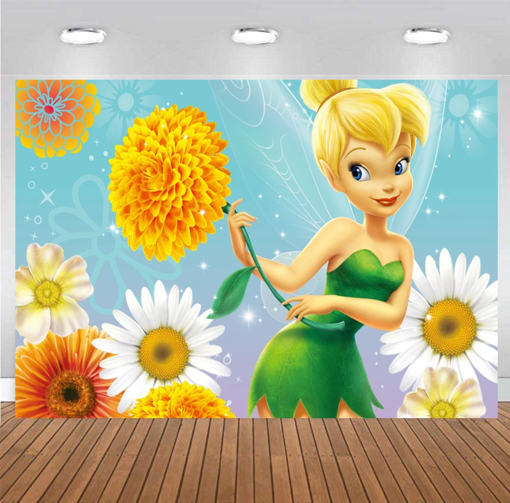 

Disney Tinkerbell Backdrop Girls Princess Happy Birthday Party Baby Shower 1st Photography Background Photo Banner Decoration