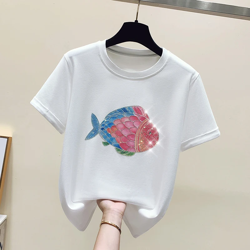 Fashion Women Short Sleeve T-Shirt Women's Heavy Rhinestone Fish Printing T-Shirt Slim Summer Tops 2022