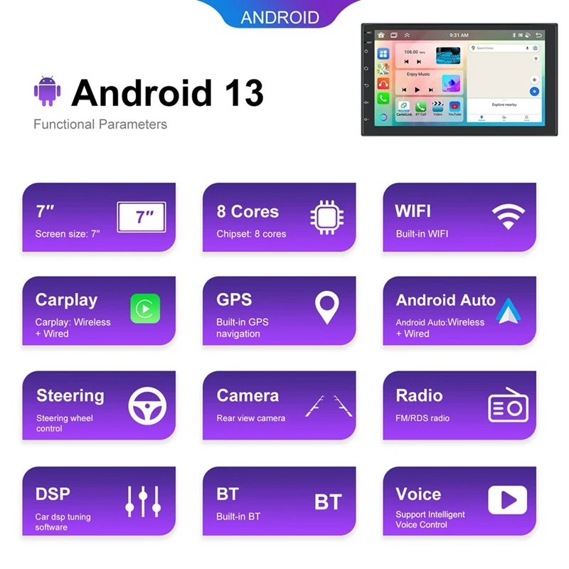 Android 13 7-дюймовый автомобильный радиоприемник 2 Din Беспроводной Carplay Auto