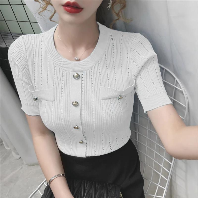 Korean Style Tops 2022 Summer Casual Hollow Out White Thin Sweater Women Button Short Sleeve Knitting Pullover Woman Clothes | Женская