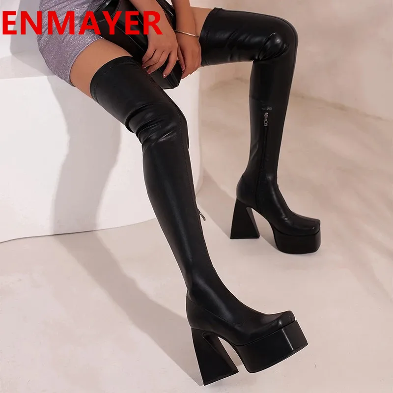 

Super High Heterosexual Tapered Heel Square Flat Toe Zipper Women's Over-The-Knee Boots Platform Plush Inner Tight Elastic Boots