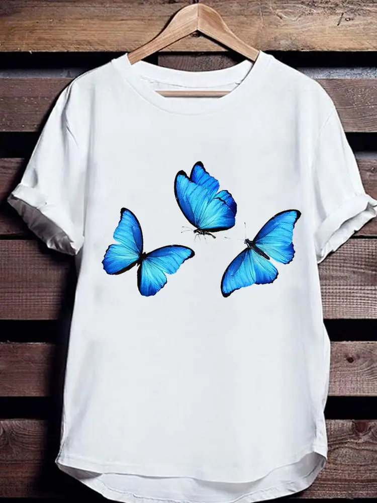 

Футболка женская с коротким рукавом и принтом, модная повседневная тенниска с рисунком бабочки, акварельная майка, одежда с графическим при...