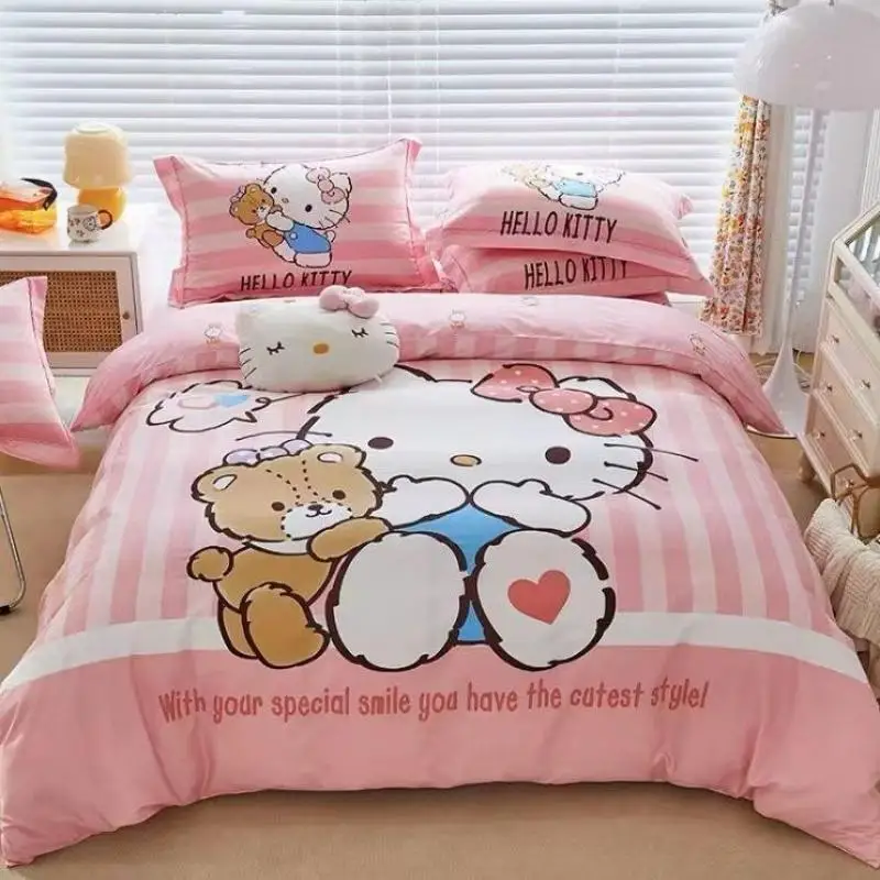 

Hello Kitty Quad Set Cotton Bedding Anime Cartoon Hellokitty Princess Cotton 3-Piece Girls Dormitory Single Quilt Set Bedding