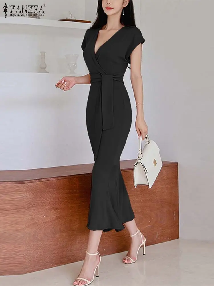

ZANZEA Sexy Slim Mermaid Dres Tie Waist 2023 Summer Midi Vestidos V-neck Women Robe Short Sleeve Solid Fashion Fishtail Dresses