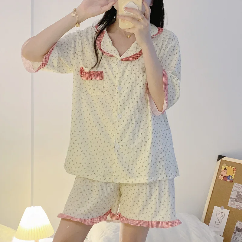 Summer Pajamas Women's Sweet Net Red Flower Short-sleeved Shorts Two-piece Student Cotton Casual Loose Kawaii Home Clothes Suit