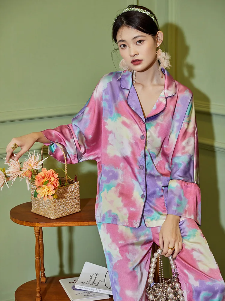 Ice silk pajamas new long-sleeved printed two-piece loose homewear suit silk sleepwear set  ชุดนอน  pijamas women
