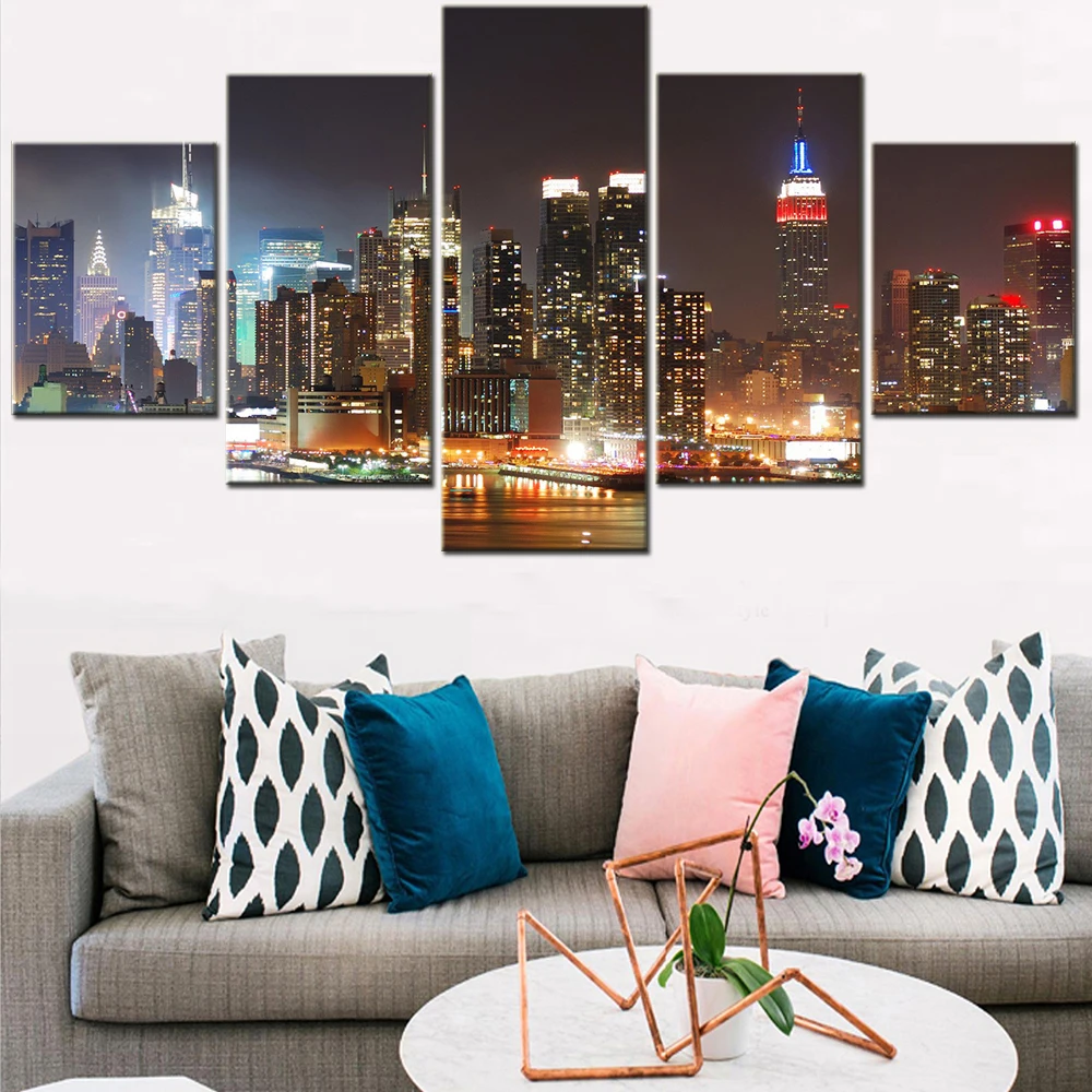 

5 Piece Canvas Wall Art New York City Building Lights Posters Home Decoration Modern Modular Painting Pictures for Living Room