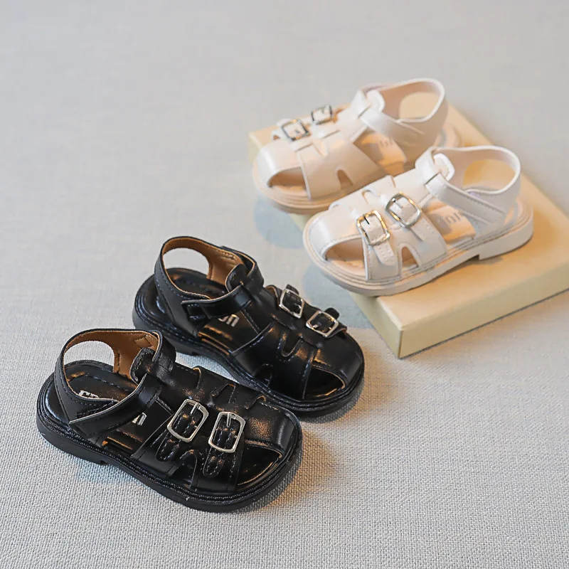 

Boys Covered Toes Simple Japanese Style Black Sport Sandals Kids Fashion 2022 Summer New Hook & Loop Flat Casual Children Shoes