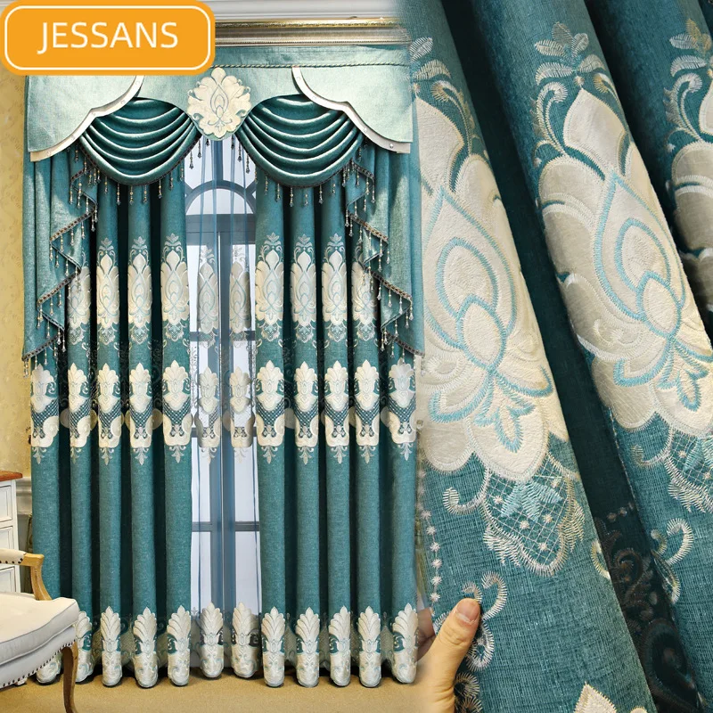 

High-end green Embroidered Blackout Curtains for Living Room Bedroom Luxury Modern Minimalist Nordic Style valance curtain