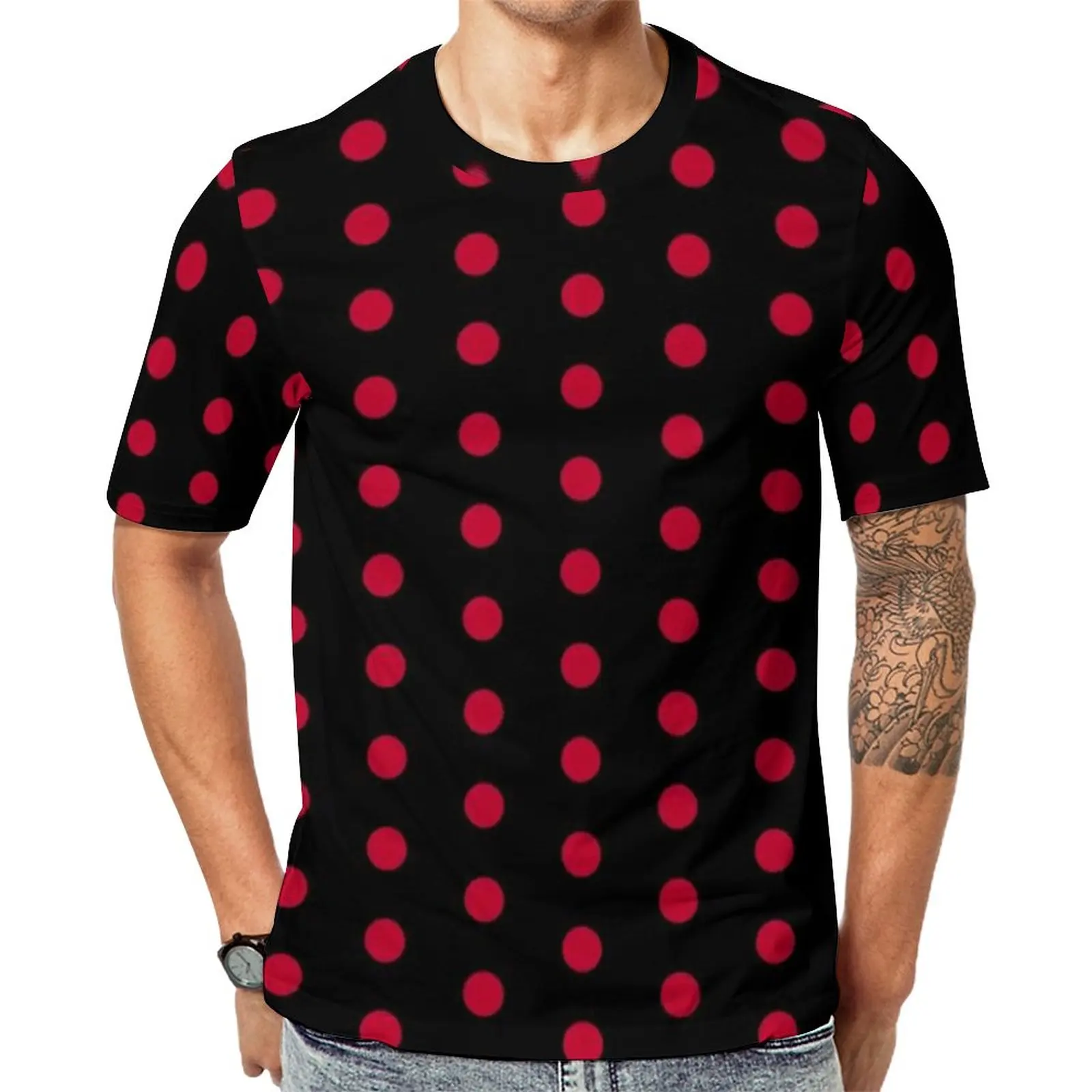 

Black with Red Polka Dot T-Shirt Dotted 70S Vintage Awesome T Shirts O-Neck Vintage Tee Shirt Summer Couple Pattern Clothes