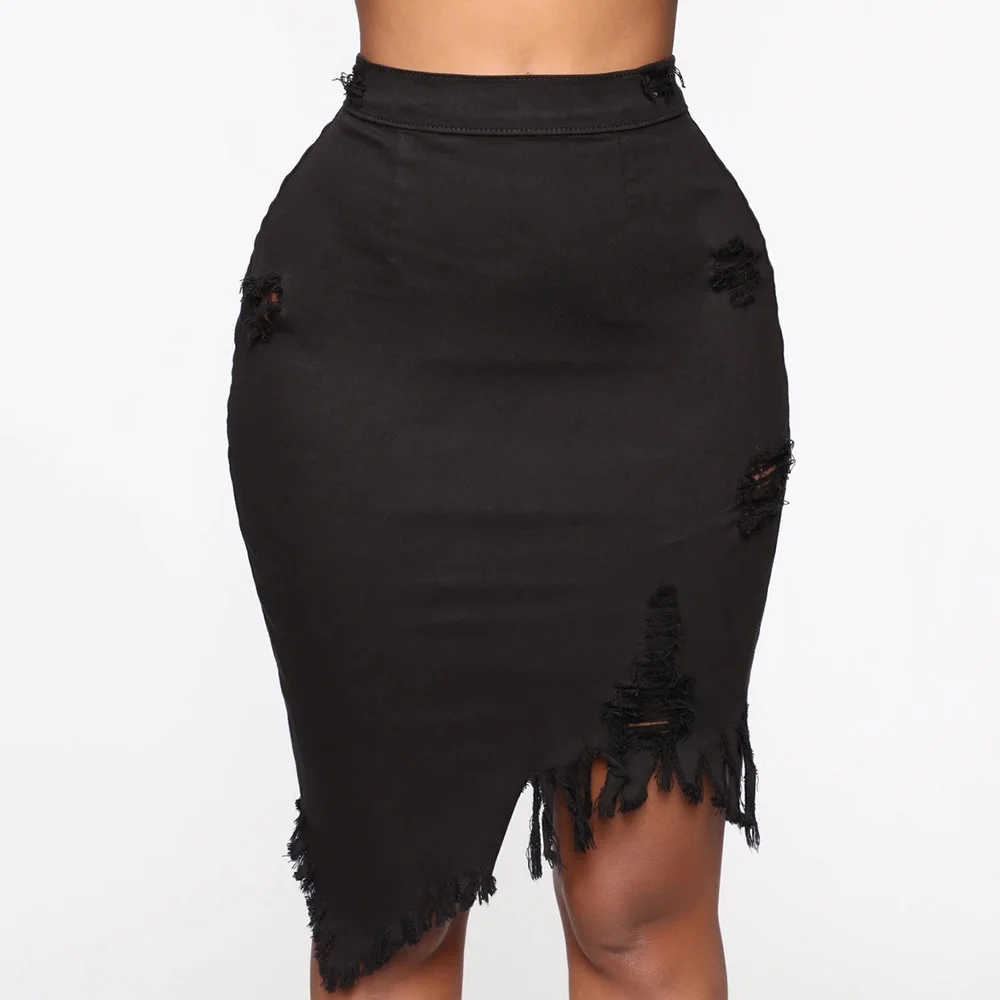 

Asymmetric Hole Denim Midi Skirt With Tassel Streetwear High Waist Wash Distressed For Women Bodycon Ripped Jeans Skirt