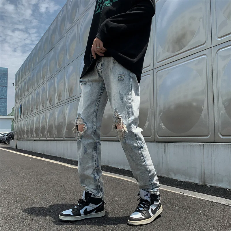 Ripped Jeans Men's Straight Pants Frayed Denim Trousers Scratch Skinny Jeans Men Washed Hip Hop Jeans Punk Clothes Streetwear