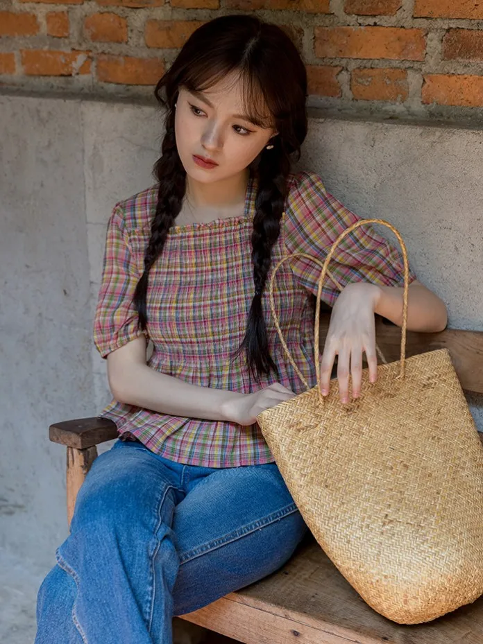 Корейская мода летние эластичные радужные клетчатые топы новая винтажная