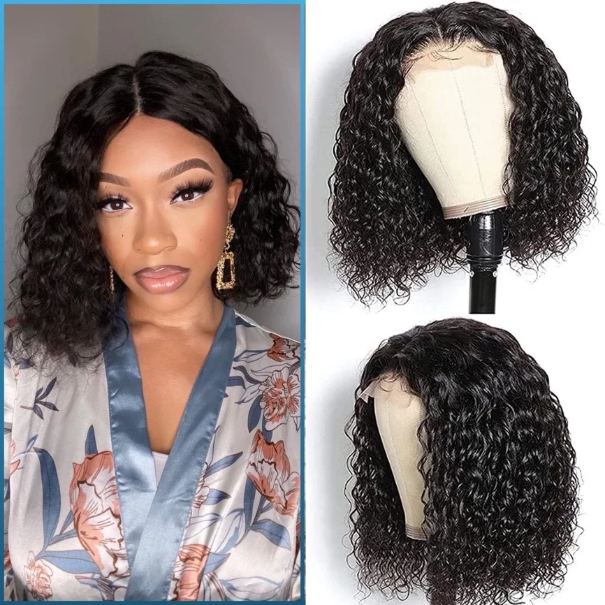 

Short Curly Bob Wigs Kinky Curly Hair Lace Hairline Wig Bob Water Wave Wig For Black Women Deep Curly Wave Heat Resistant Fiber