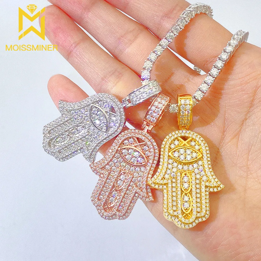 Moissanite Bling Fatima's Hand Pendant Necklaces For Men Real Diamond Necklace Women Jewelry Pass Tester