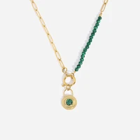 2022 new green natural beads chain necklace gold color stainless steel malachite lock charm necklace for women fashion jewelry