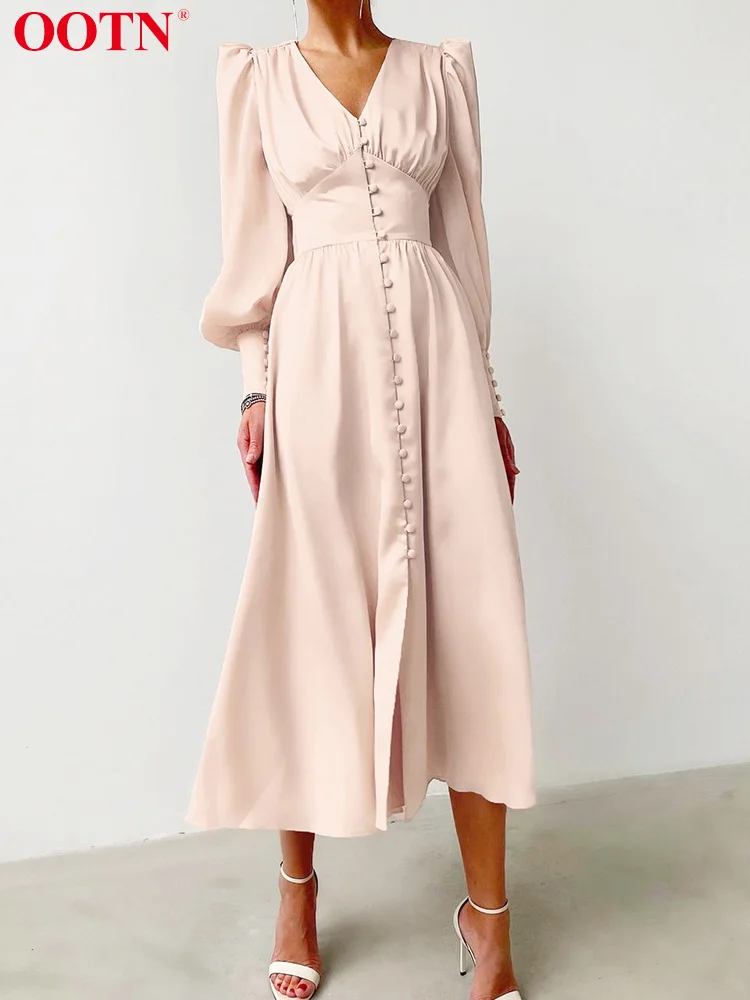 

OOTN белое однобортное элегантное платье для женщин вечернее платье атласное длинное платье с высокой талией шикарное миди платья с рукавом-...
