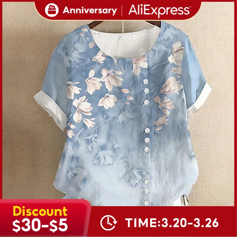 

SIKETU Women's Cotton and linen fashion print short sleeves women's retro loose casual shirt short sleeve t-shirt