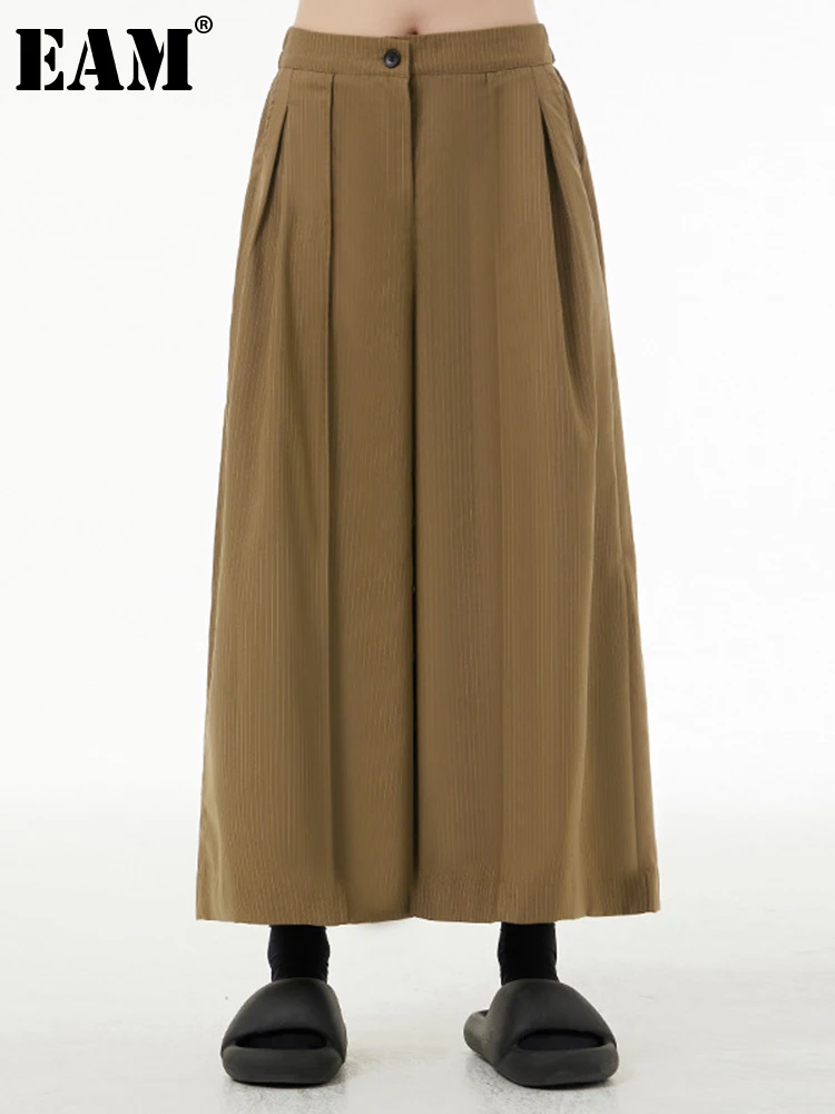 

[EAM] High Elastic Waist Khaki Pleated Striped Wide Leg Pants New Loose Fit Trousers Women Fashion Spring Autumn 2023 1DF9428
