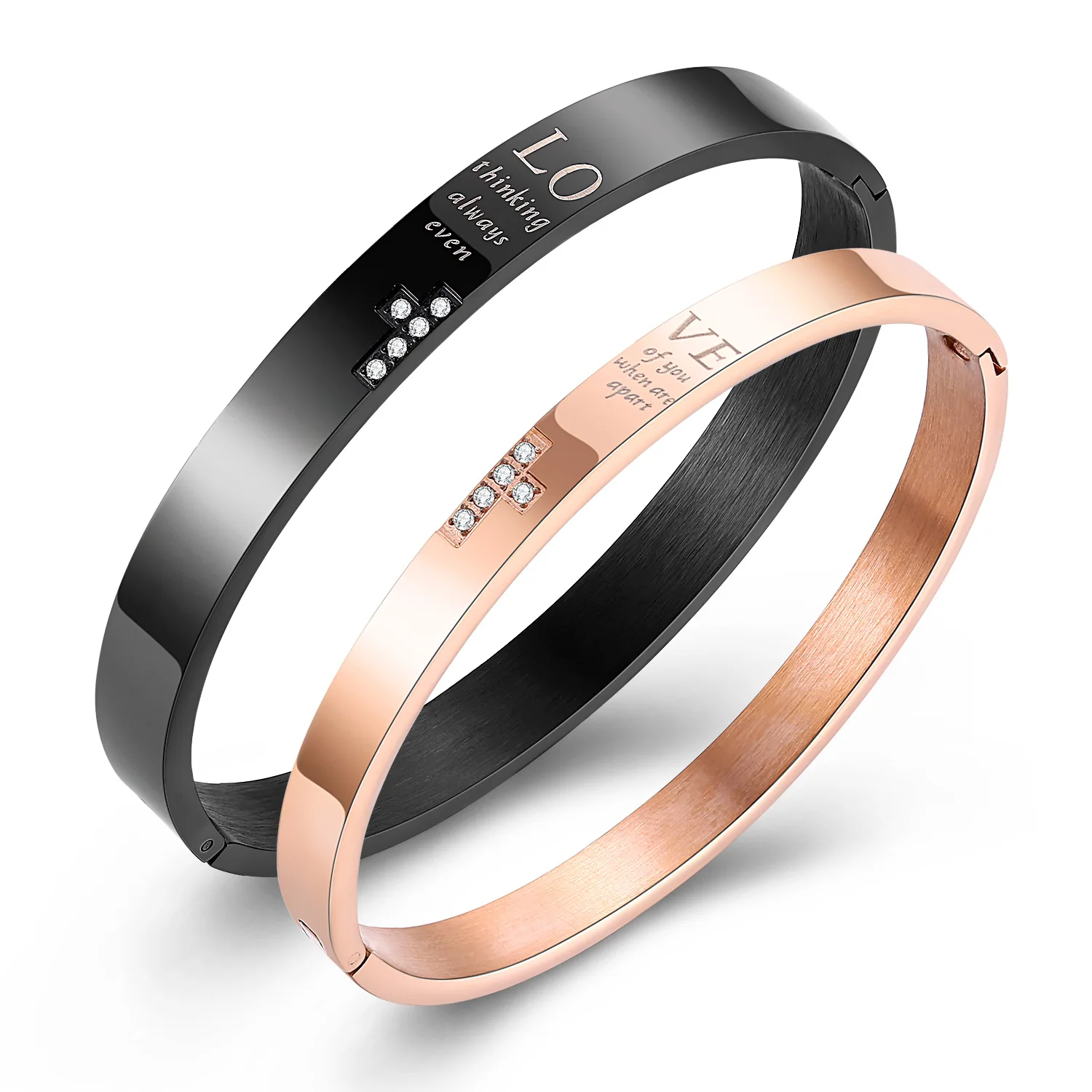 

Cross Couple Bracelet Titanium Steel Couple Inlaid with Diamond Plated Rose Gold Black Bracelet