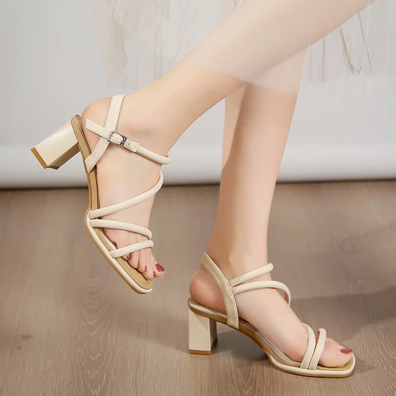 

New Shoes for Women 2023 Summer Concise Ankle Strap Chunky Heels Women's Sandals Square Toe High Heels Dress Ladies Sandalias