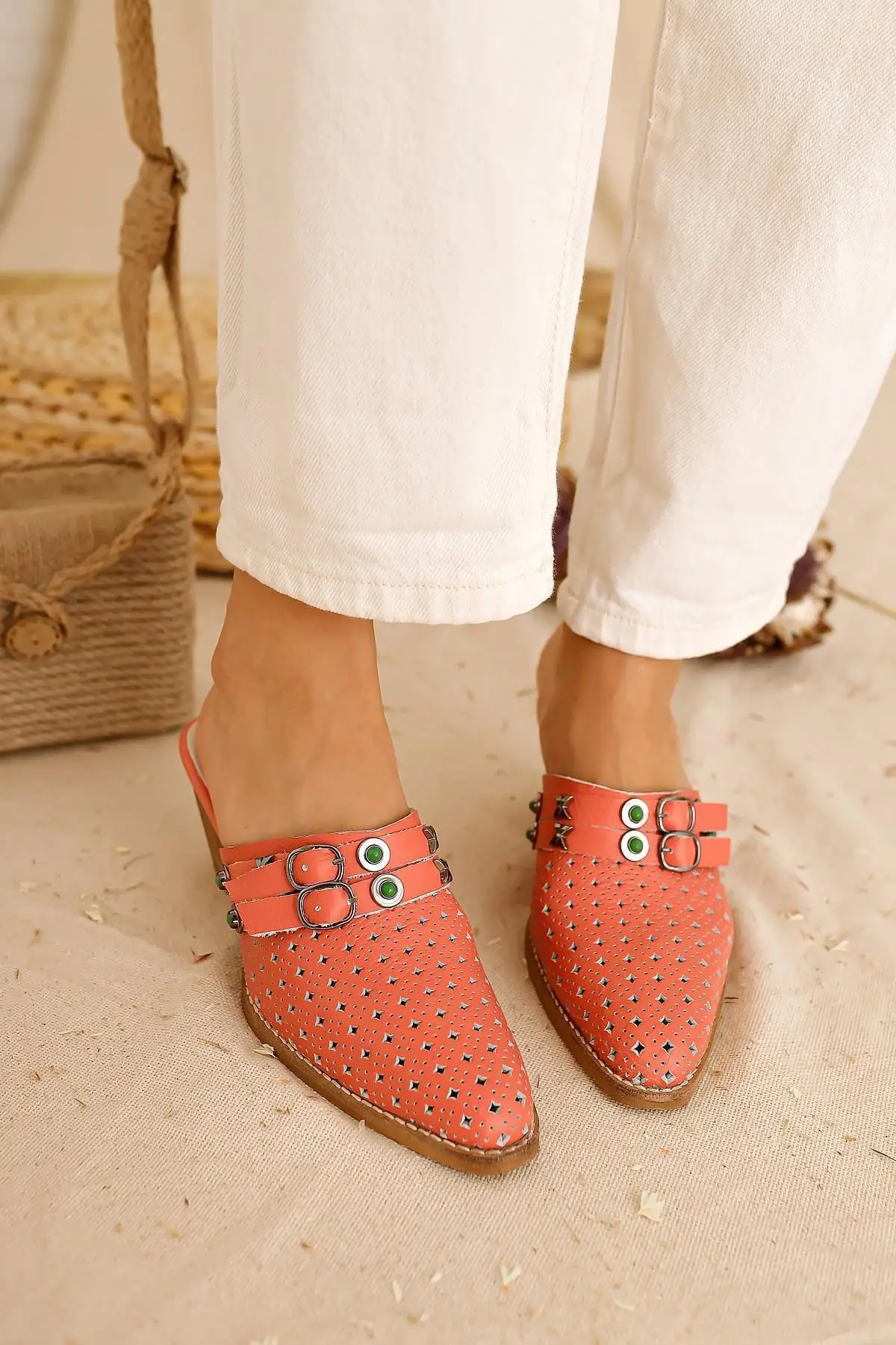 

Women's Orange Genuine Leather Laser And Cubic Zirconia Low-Heeled Slippers