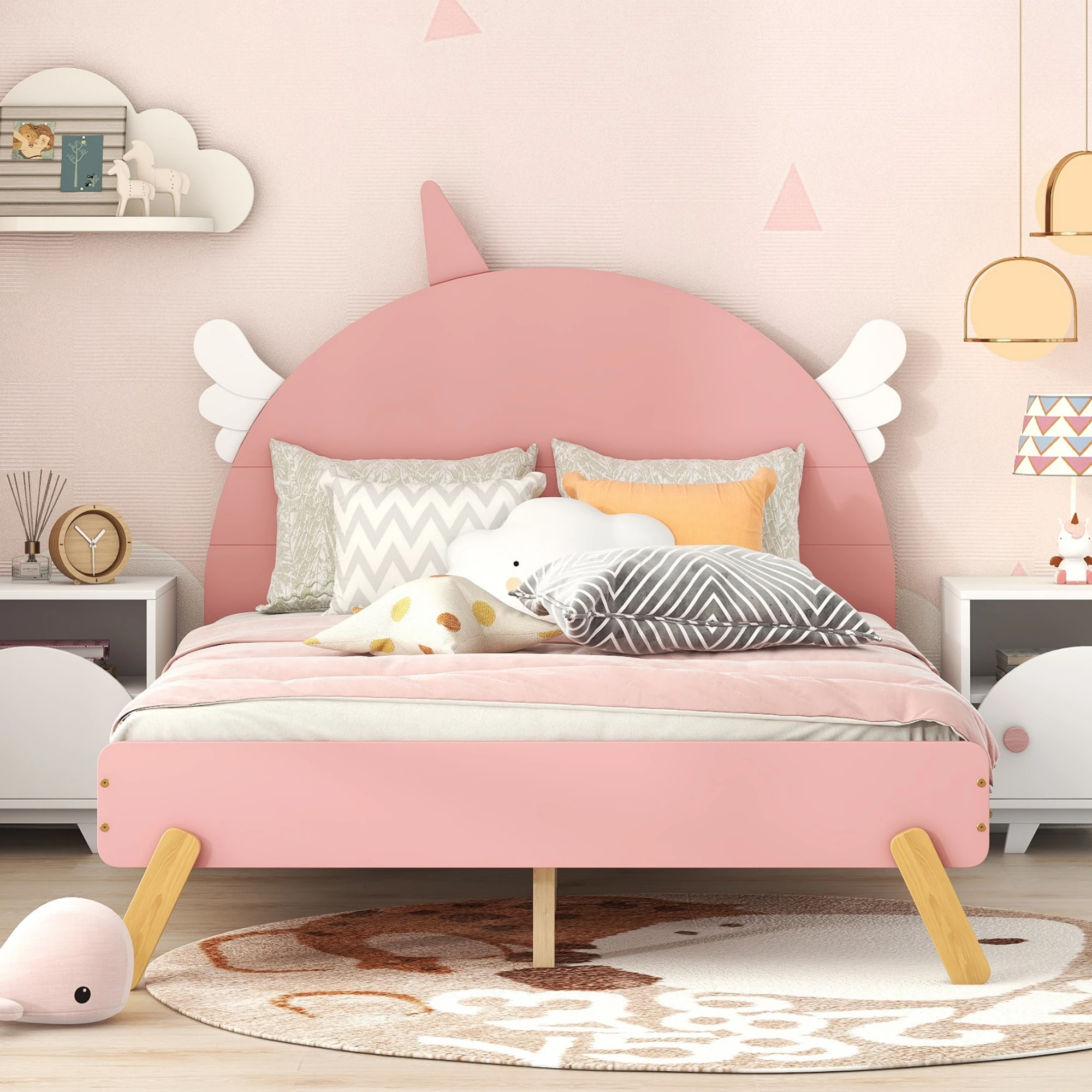 [Flash Sale]Full/Twin Size Wooden Cute Bed With Unicorn Shape Headboard Pink Platform Bed Frame[US-W]
