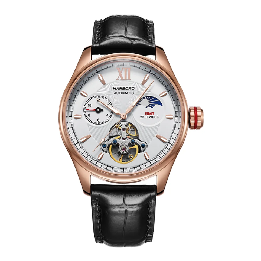 

Автоматические Мужские часы HANBORO GMT водонепроницаемые мужские механические наручные часы с вырезами светящиеся Роскошные мужские часы вед...