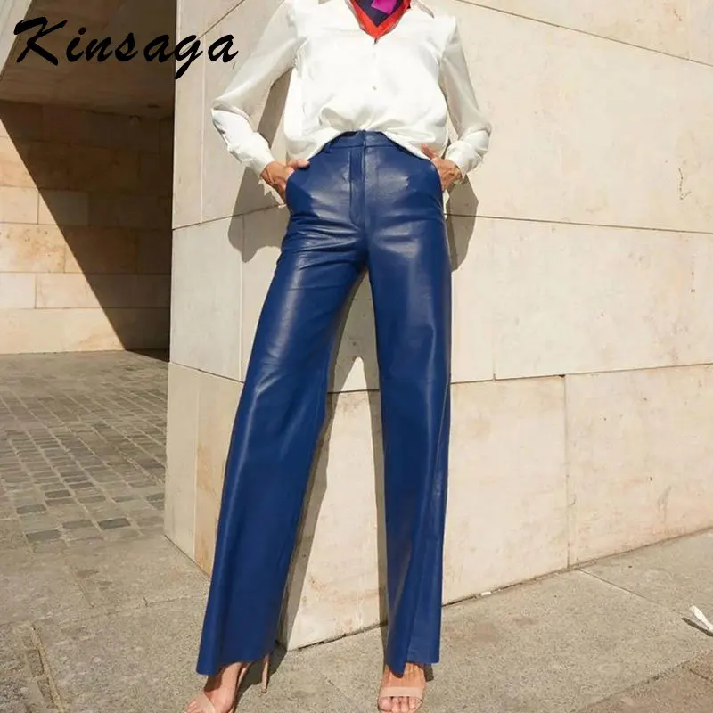 

Fashion High Waist Green PU Leather Pants Women Grunge Punk Button Straight Baggy Faux Leather Pants Casual Black Blue Trousers