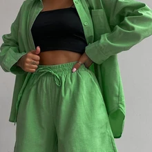 Bornladies Stylish Cotton Casual Women Two Piece Short Sets Summer High Waist Green Shirt Suit Set Fashion 2 Pieces Sets 2022