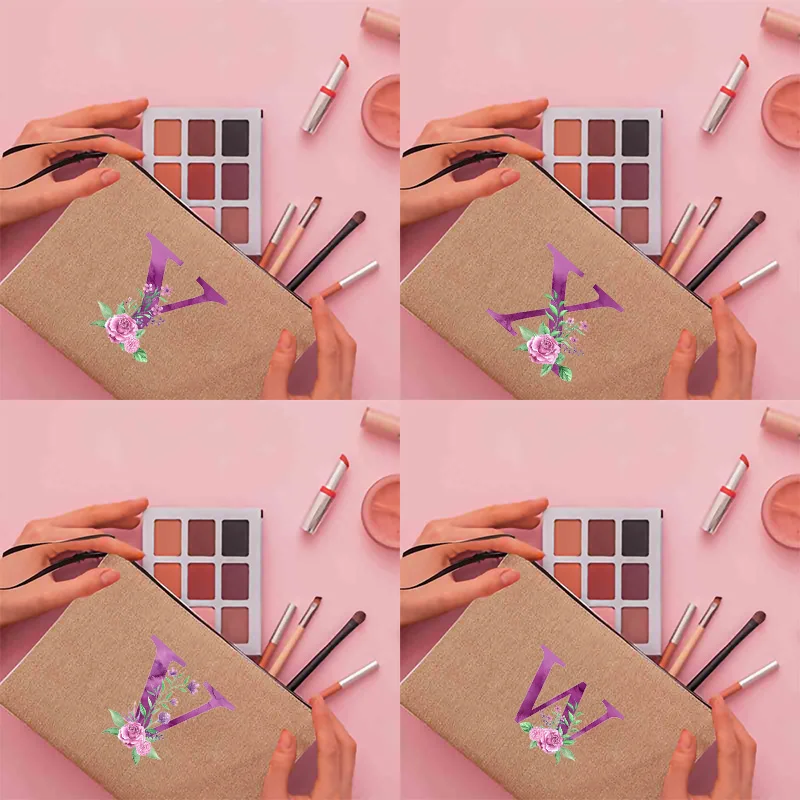 

Fashion 26 Purple Letters Women Linen Cosmetic Bags Travel Portable Makeup Bag Torage Handbags Toiletry Bags Cute Wallet