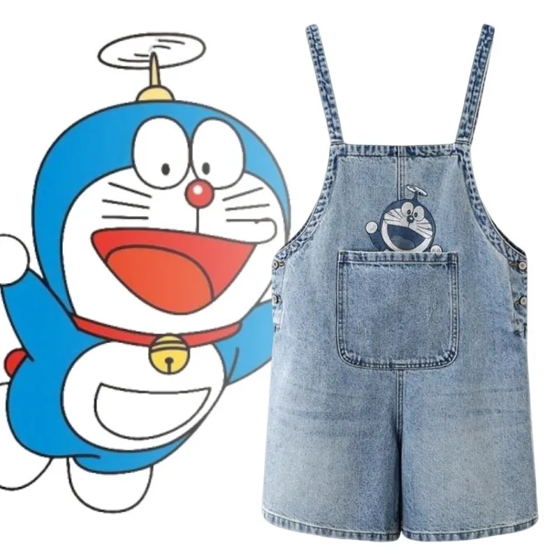 

Anime Doraemoned Jumpsuit Loose Suspender Jeans Women Jeans Summer Cowboy Sling Wide Legs Cartoon Denim Shorts Female Tooling