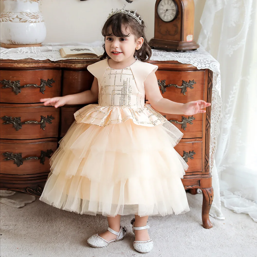 

Baby Girl Princess Dress Mesh Sequined Design Layered Dresses 1 3 6 Years Children Birthday Evening Dresses Kids Beige Ball Gown