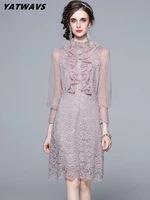 elegant ruffles lace embroidery dot mesh purple dress womens spring stand collar stitching lantern sleeve midi party dresses