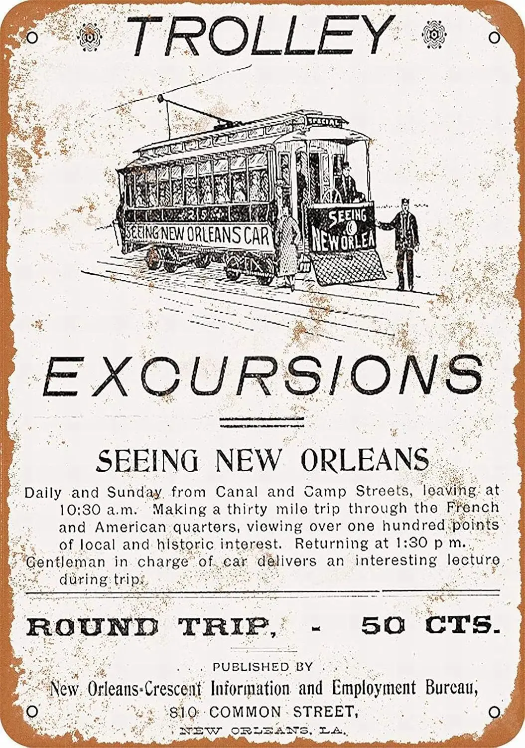 Металлический знак Ylens 8 x 12 — Экскурсия на тележке New Orleans винтажный настенный