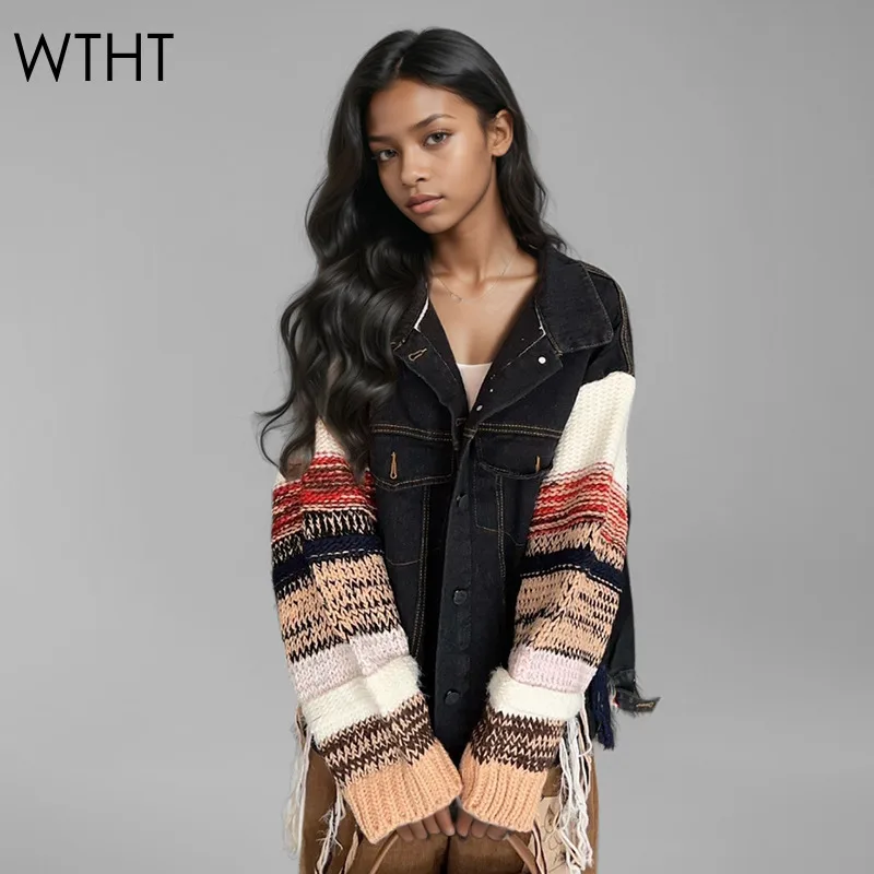 WTHT модное женское джинсовое пальто в полоску с длинными рукавами и кисточками