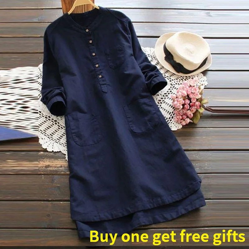 

Женское винтажное платье-рубашка из хлопка и льна, повседневное свободное платье с карманами, Длинные Топы с V-образным вырезом и длинными р...