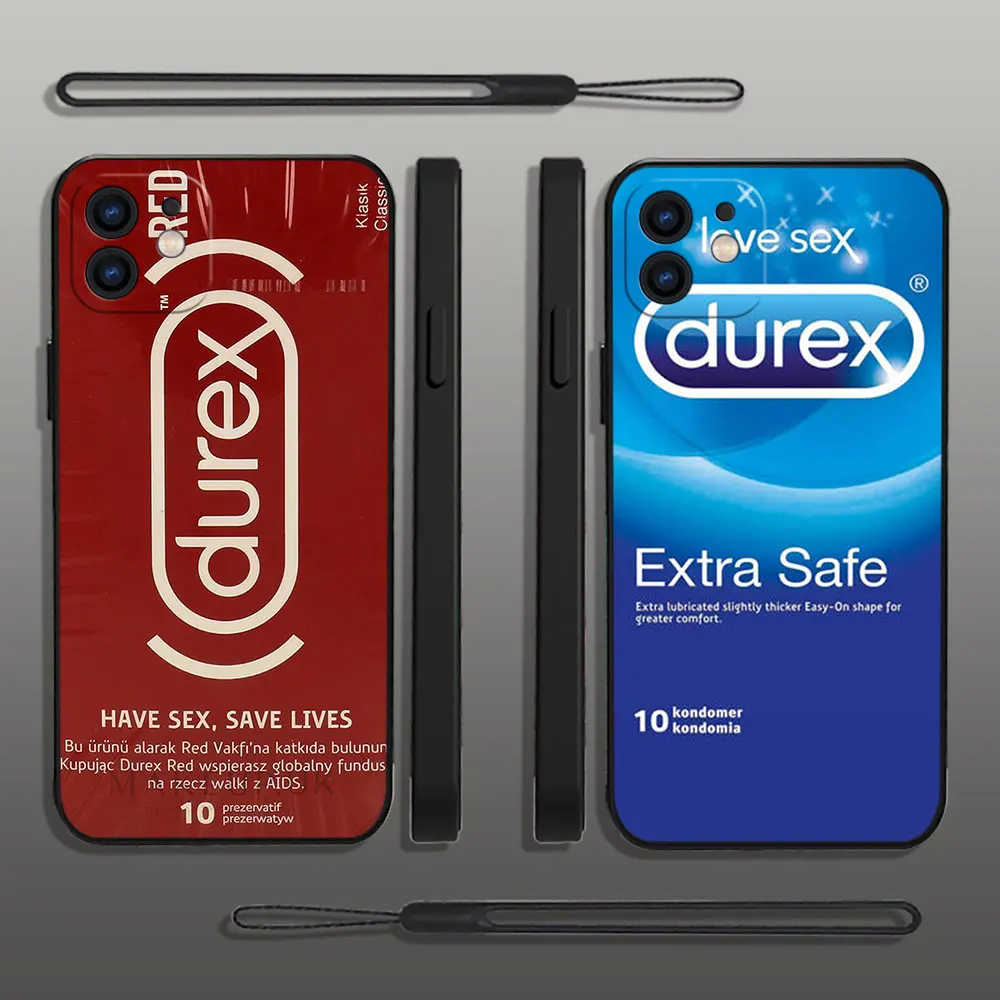 Sexy Condom Box D-Durexes Phone Case For iPhone 14 13 12 11 Pro Max Mini X XR XS MAX SE20 8 7 Plus 6 6S Plus with Hand Strap