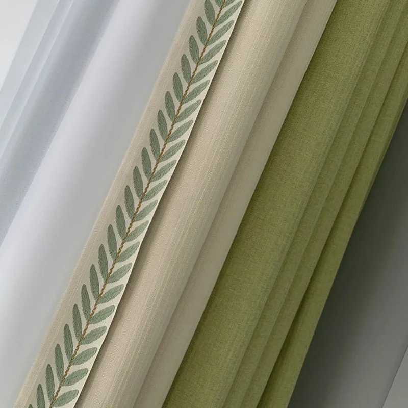 

Simple Small Fresh Children's Room Curtain for Living Room Bedroom Bay Window Splicing Cotton and Linen Shading Green