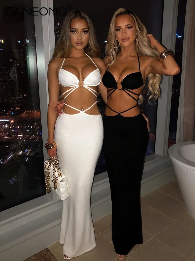 

Однотонное Бандажное платье с лямкой на шее, укороченный топ с завышенной талией, комплект из 2 предметов, 2022, модная вечерняя женская элеган...