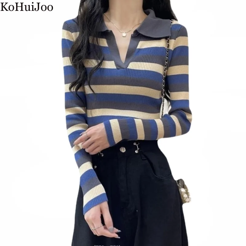 

Kohuijoo 2023 Autumn Korean Women Sweater Long Sleeve Contrast Color Striped T-shirt Sweet Casual Pullover Knitted Tops