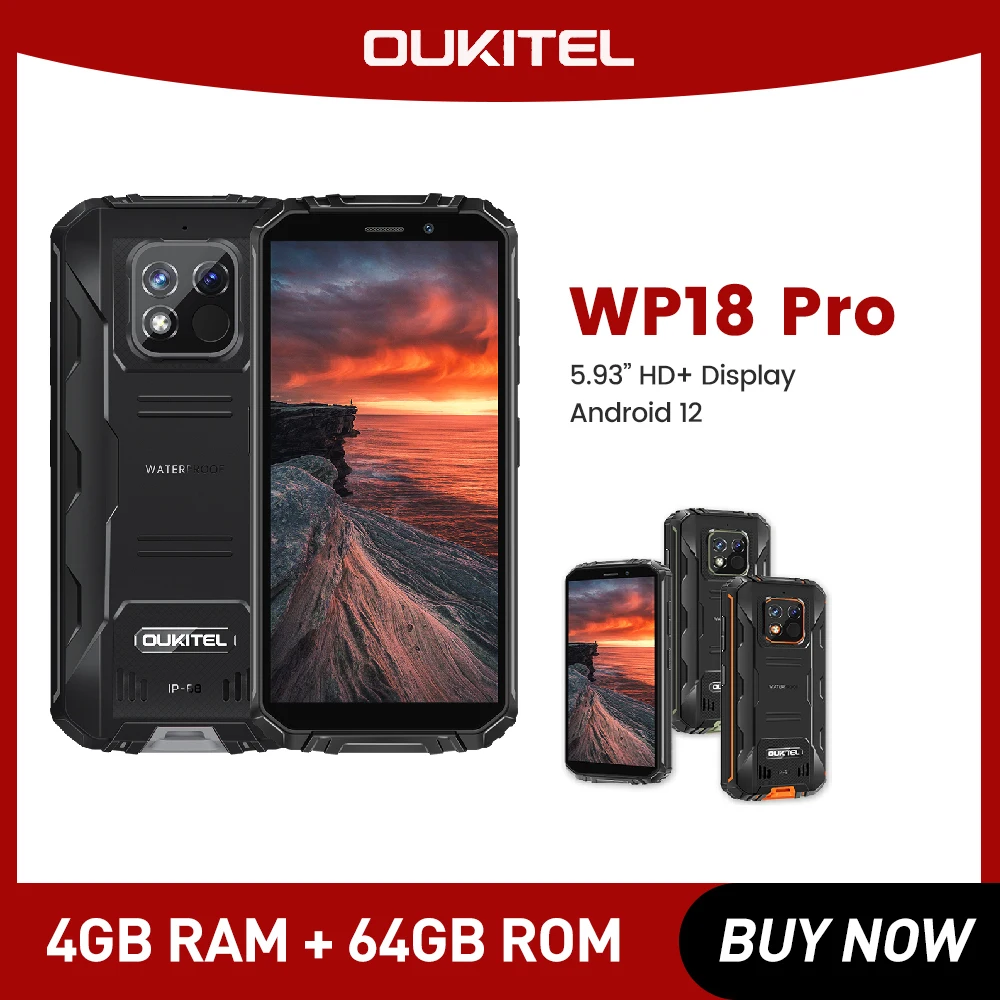 OUKITEL WP18 Pro Rugged Phone 12500mAh Android 12 4GB+64GB Mobile Phone 5.93'' HD+ Display 13MP Camera Smartphone
