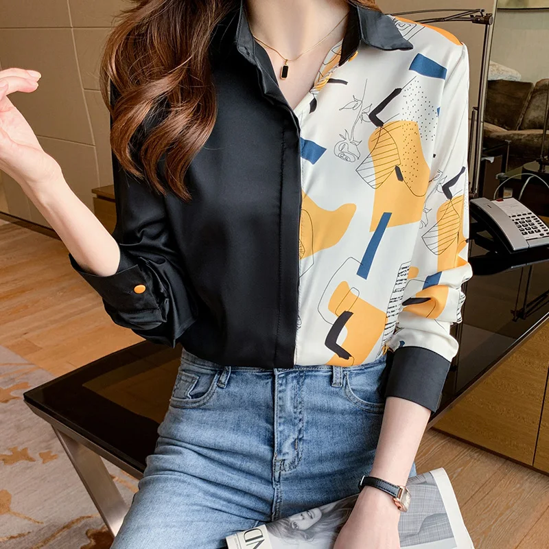 

Женские блузки из поплина, новая модная рубашка-поло, повседневный Топ с длинным рукавом, Летняя женская одежда с принтом в стиле пэчворк ...